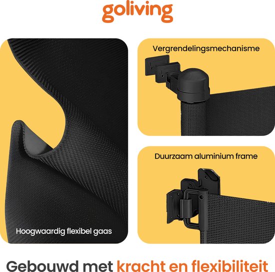 Zwart, flexibel gaas met duurzaam aluminium frame en vergrendelingsmechanisme.