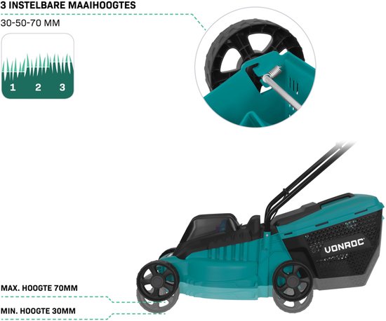 Tondeuse à gazon sans fil VONROC 20 V – Largeur de coupe 32 cm - Moteur sans balais - Trois hauteurs de coupe réglables : 30/50/70 mm - Bac de ramassage 30 L inclus - Batterie 4,0 Ah et chargeur rapide inclus