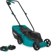 Turquoise grasmaaier met zwarte details en 30L opvangbak. Twee accu's en snellader ernaast.