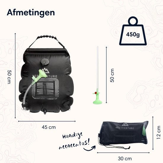 needventure® Solar Douche - Camping Douchezak - Buiten Douche - Tuindouche - Inclusief Thermometer - Waterzak Met Douchekop - 20L - Zwart