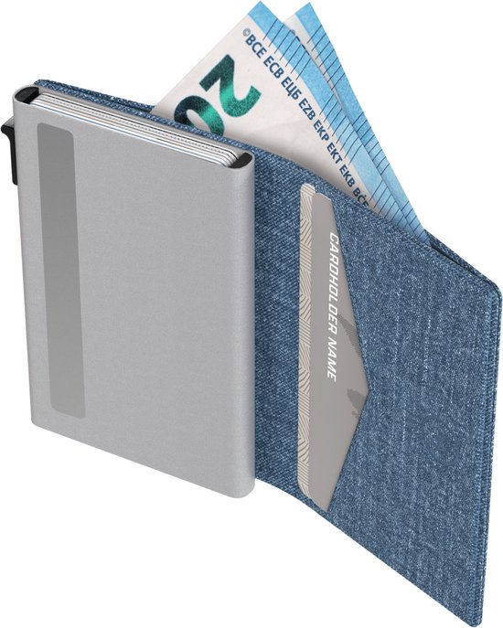 Prowallet Slim – Porte-cartes RFID - Denim – Portefeuille compact pour 8 cartes et billets – Porte-cartes coulissant en aluminium et simili cuir – Coffret cadeau de luxe – Homme & Femme