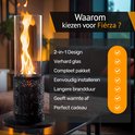Tafelhaard met brandende vlammen in glazen cilinder, met decoratieve metalen houder. Achtergrond met tekst "Waarom kiezen voor Fiérza ?" en vinkjes.