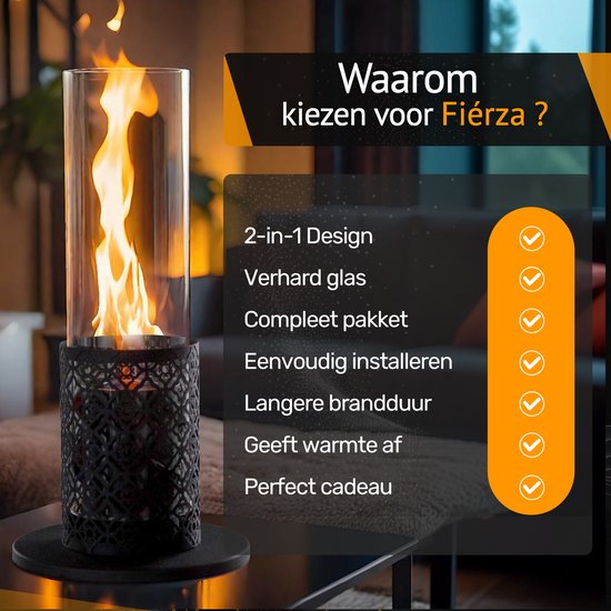 Tafelhaard met brandende vlammen in glazen cilinder, met decoratieve metalen houder. Achtergrond met tekst "Waarom kiezen voor Fiérza ?" en vinkjes.