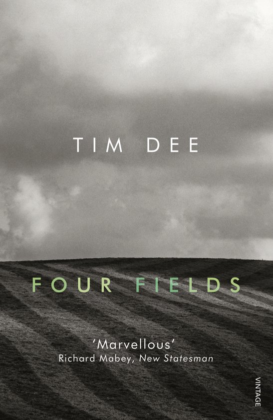 Boekcover met de titel 'Four Fields' in groene letters op een zware, golvende achtergrond, met de naam Tim Dee erboven.