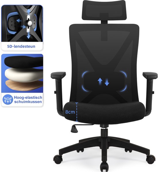 Hiaonyx bureaustoel-ergonomische bureaustoel-bureaustoelen voor volwassenen-hoogte verstelbare armleuningen-3D lendensteun-Maximale kanteling 135°-Zwart