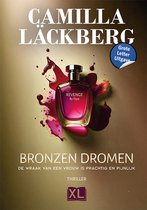 Boekomslag van "Bronzen Dromen" met parfumflesje en rode spetters. Grote Letter Uitgave.