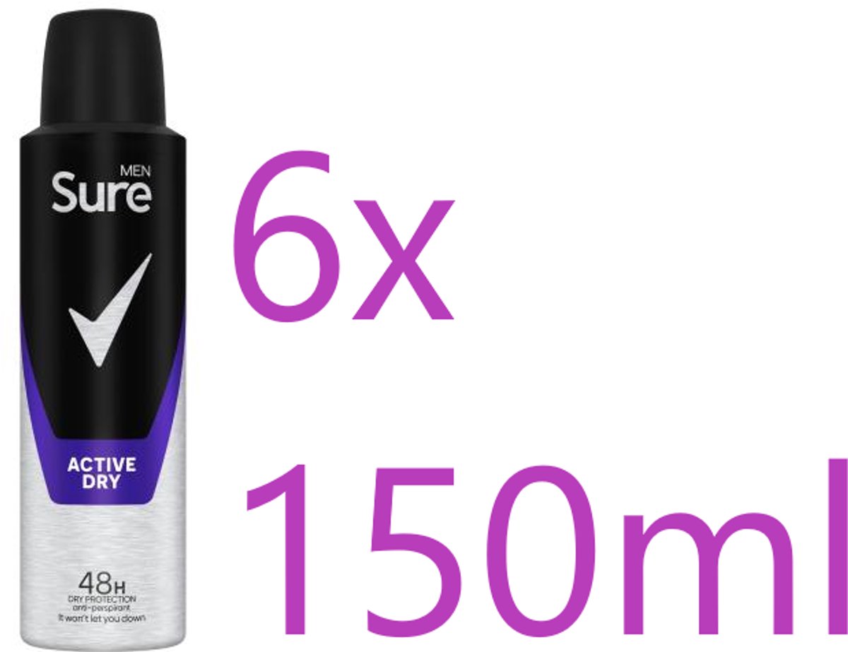 Sure - Rexona Men - Active Dry - Deodorant - 6 x 150 ml - Voordeelverpakking