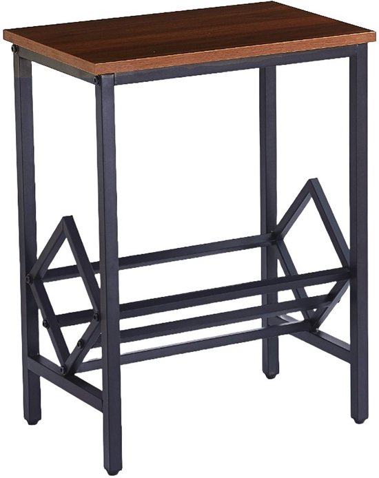 Bruin tafelblad met zwarte metalen poten en een decoratief rek.
