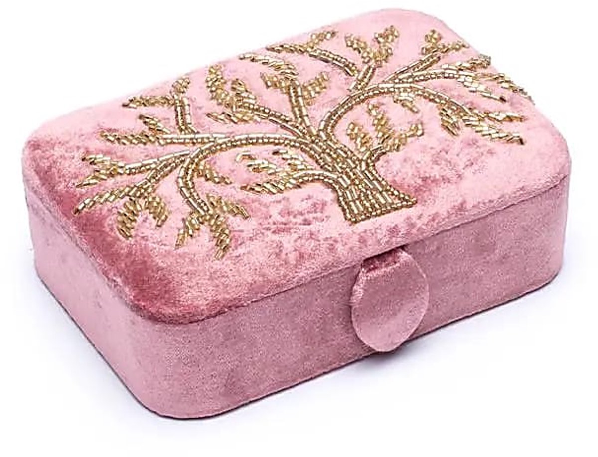 Sieraden / tarotdoos fluweel roze met Levensboom