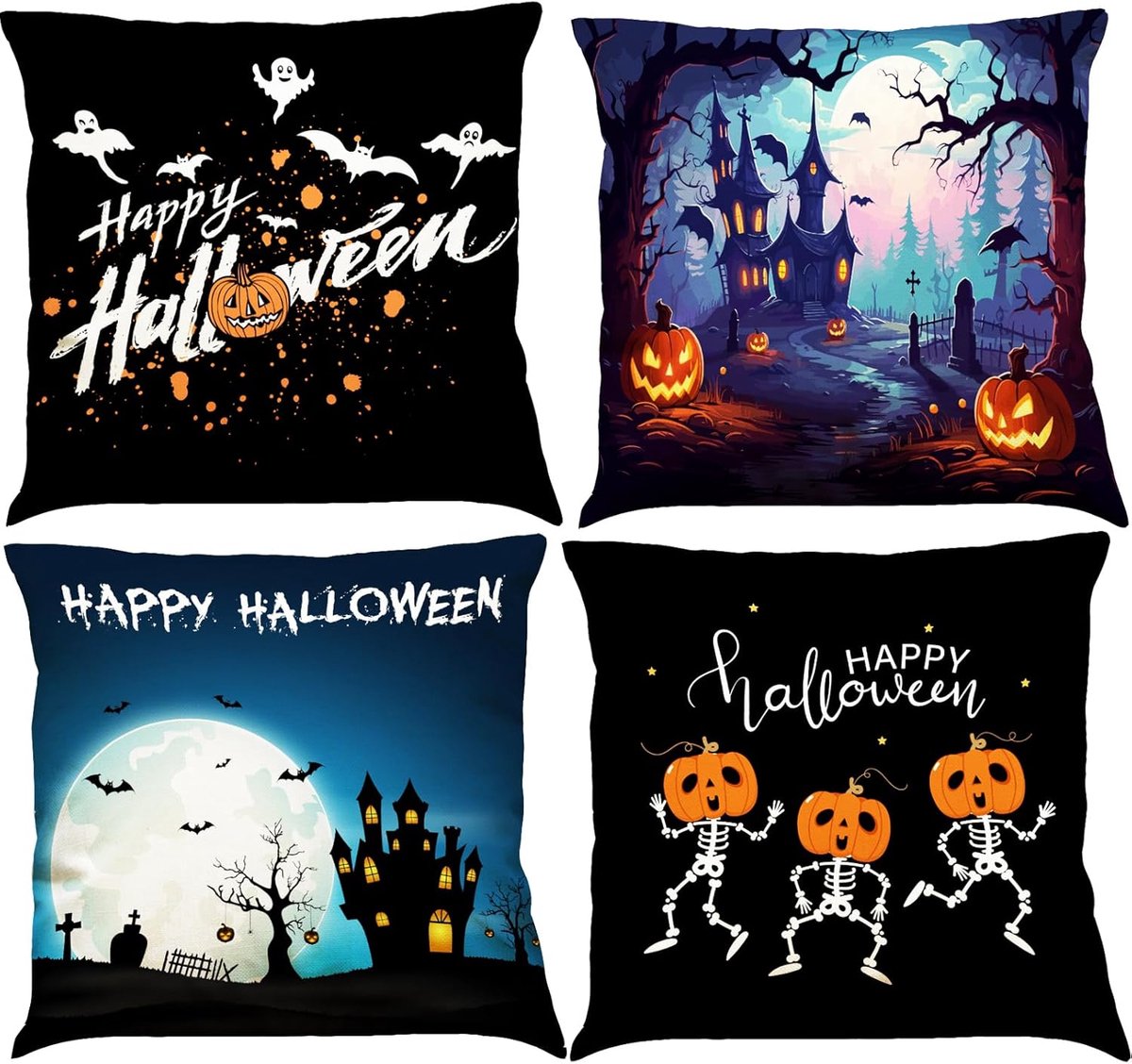 Ibenzoa Set van 4 Halloween Kussenhoezen van Katoen en Fleece - Donker Kleuren Halloween Kussen -Blauw