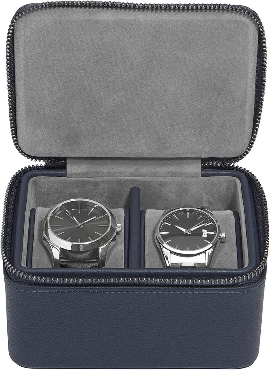 Dubbele rits horlogedoos in marineblauw - perfect voor onderweg