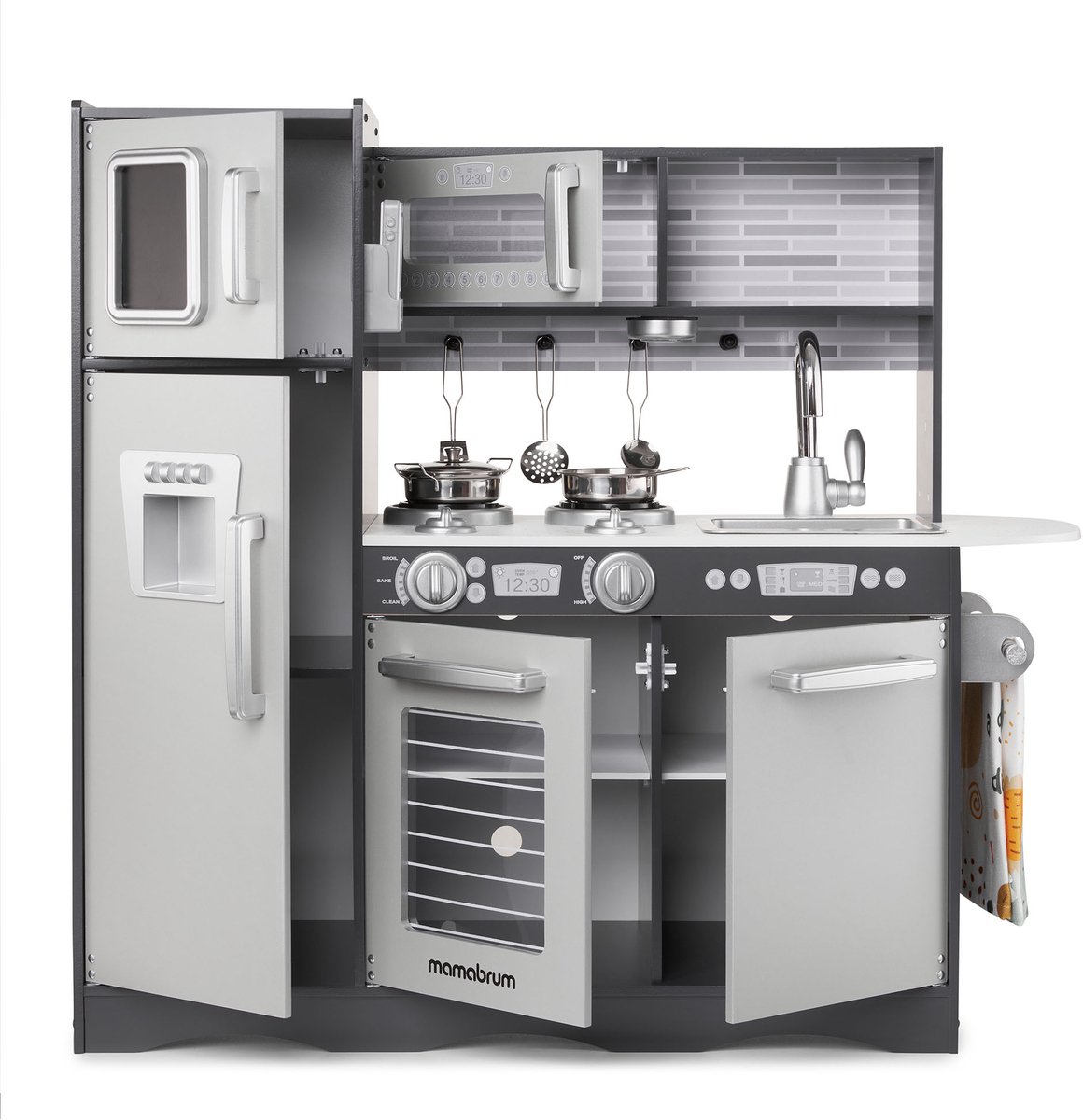 Keukentje Mamabrum XL Speelgoed houten speel keuken kinderkeukentje Speelkeuken eten speelgoedkeukentje Met accesoires pannen keukengerei set speelkeukentjes en toebehoren koken keukenschort keukenset kinderen voor ook 2 jaar, Hout, Grijs — afbeelding 8