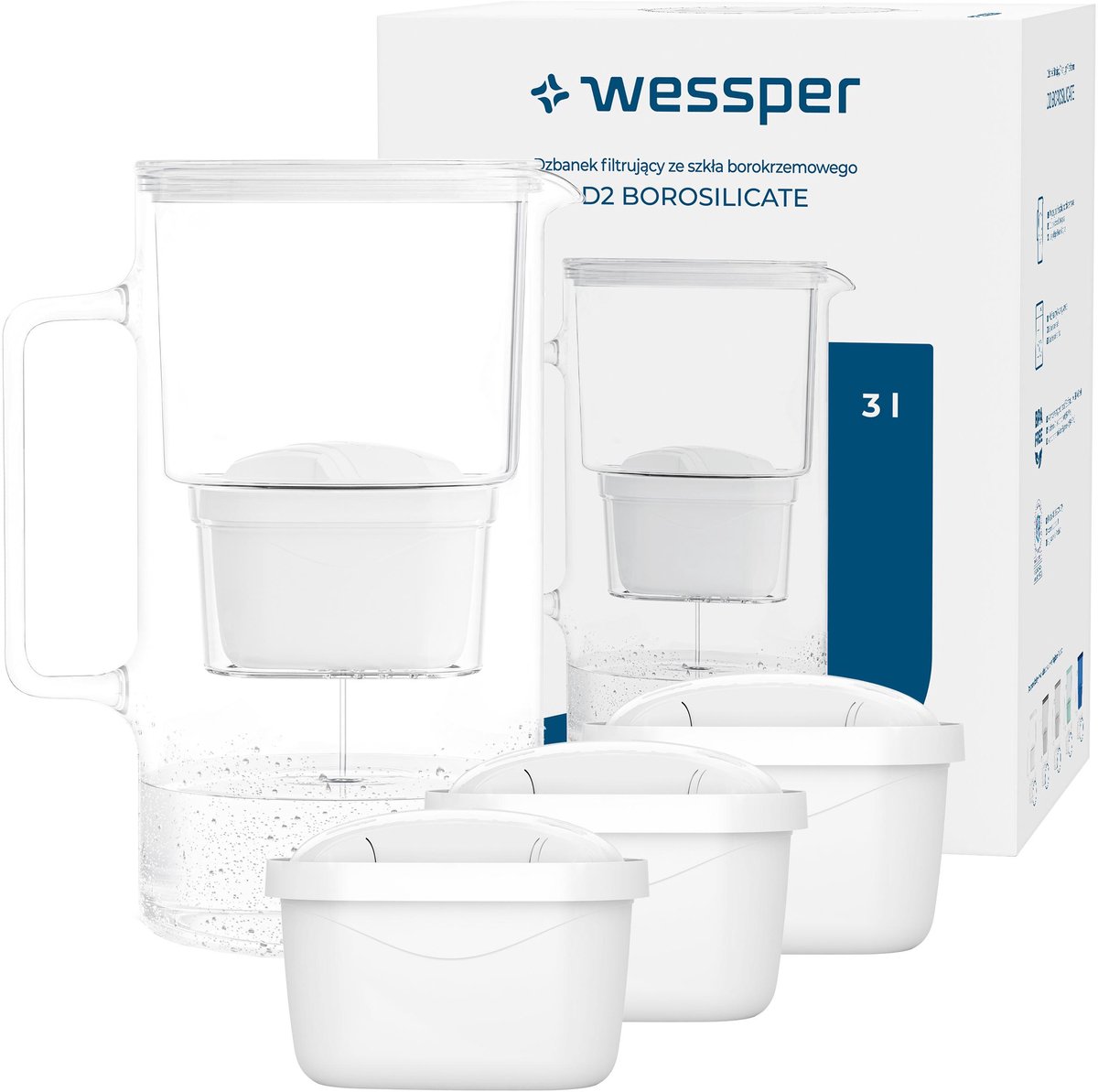 Wessper, Waterfilterkan Wessper D2 Borosilicate, glas, 3L, borosilicaatglas, wit + 4x waterfilter Aquamax standard , waterfilterpatronen, set