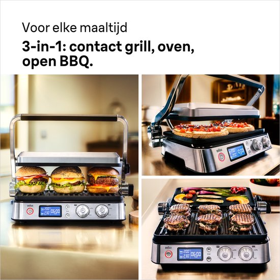 Een contactgrill in drie standen: gesloten met hamburgers, open met pizza, en liggend met groenten en hamburgers.