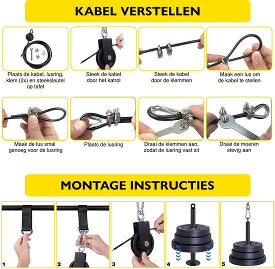Montage-instructies voor het kabelsysteem met afbeeldingen van kabelbevestiging en installatie.