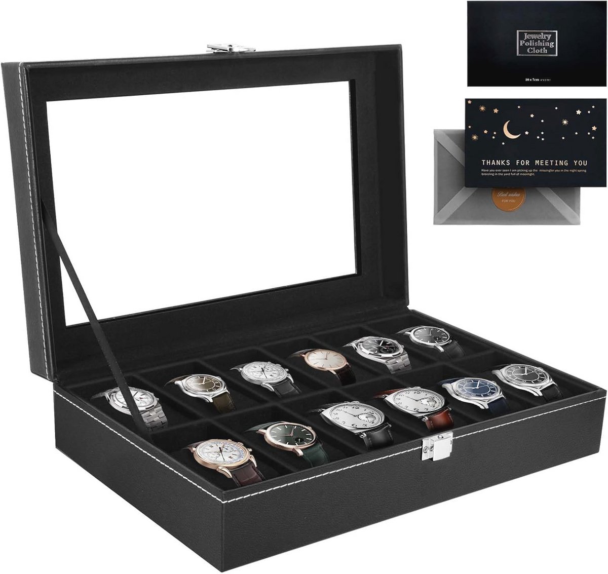 Horlogebox voor 12 horloges met glazen deksel - stijlvolle en afsluitbare sieradendoos voor mannen