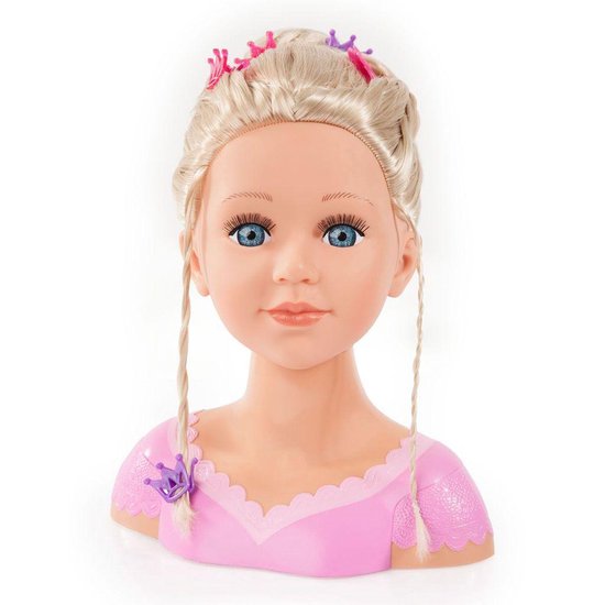 Blond kaphoofd met blauwe ogen, met vlechten en twee losse lokken, versierd met roze en paarse kroontjes.