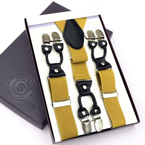 Sorprese - Bretelles de Luxe Chique - Goud - Cuir Zwart - 6 clips robustes - Bretelles Adultes - Coffret cadeau inclus
