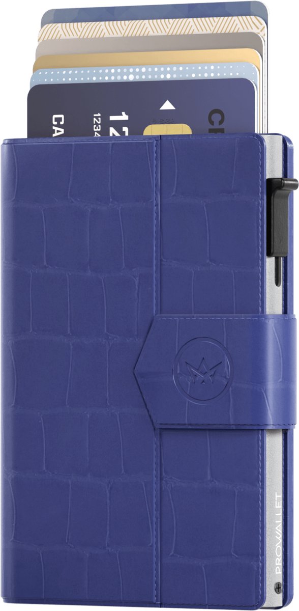 Prowallet Plus - Croco Blauw - Pasjeshouder voor 8 pasjes, briefgeld en muntgeld - Uitschuifbaar - RFID Creditcardhouder - Kaarthouder Portemonnee, Premium Pashouder voor Vrouwen - Aluminium, Kunstleer - Incl. Luxe Cadeaubox