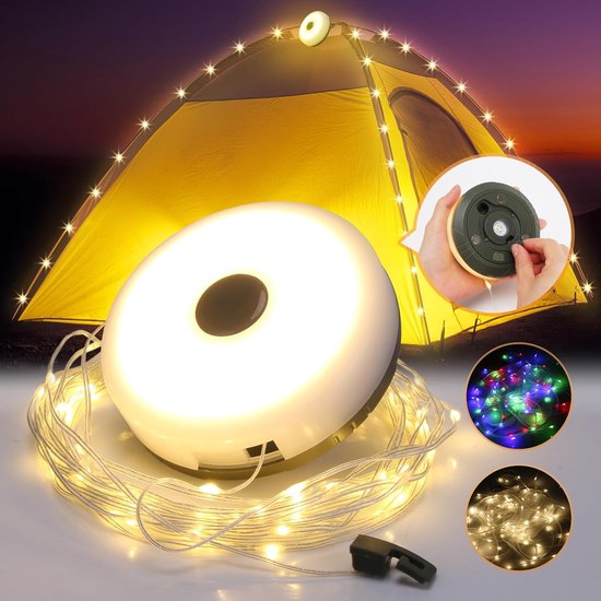 Lzwintrading Camping Lamp - Lichtsnoeren voor Buiten 10 Meter - Campinglamp Oplaadbaar - IP67 Waterdicht - Oprolbaar - Kampeerlamp met 8 Verlichtingsmodi - Tentlamp - Tent Verlichting