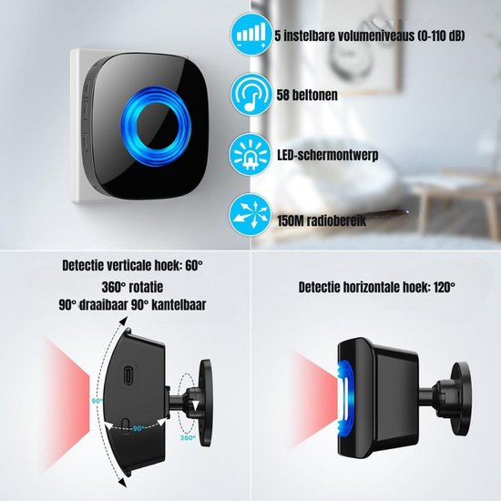 Zwarte deurbel met blauwe LED-ring, 5 instelbare volumeniveaus, 58 beltonen, LED-schermontwerp, 150M radiobereik. Bewegingsdetectie hoek 60° verticaal, 120° horizontaal.