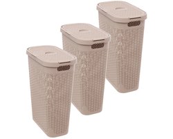 5Five Smalle Wasmand met deksel Rotan - 3x - beige - gevlochten kunststof - 40 liter - 26 x 46 x 60 cm