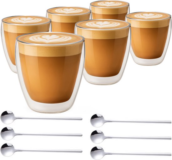 Foto: Vaja theeglazen dubbelwandig koffieglazen set 250 ml 6 stuks cappuccino glazen theeglas dubbelwandig incl lepeltjes