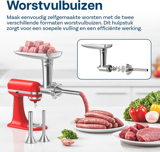 MMOBIEL Vleesmolen-Opzetstuk voor KitchenAid Standmixer - Opzetstuk voor Keukenhulp met 4 Maalschijven, 2 Worstvulbuizen, 2 Maalmessen - Vleesmolenaccessoires voor KitchenAid van Merkloos — afbeelding 4