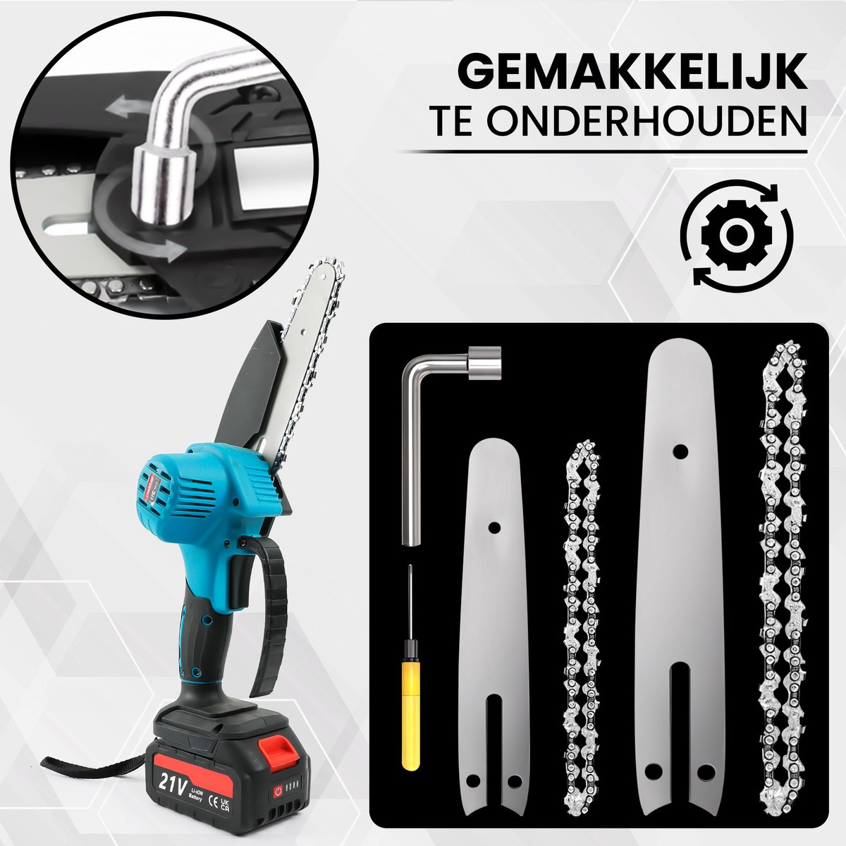 ToolX Mini kettingzaag - Kettingzaag - Mini Kettingzaag met accu - Snoeizaag - Boomzaag - 2 accu's - Inc. accessoires – foto 3