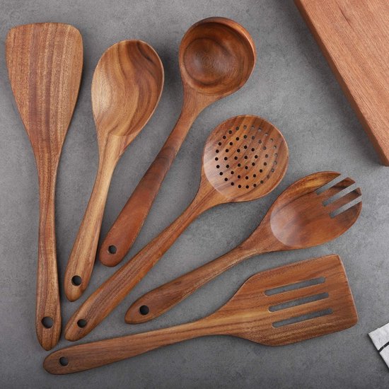 Vente en gros d'outils de cuisine en bois d'acacia naturel avec manche en rotin