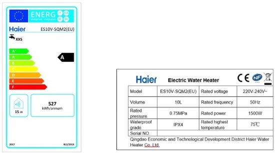Energieklasse A boilerlabel voor Haier ES10V-SQM2(EU) en specificaties: 10L, 1500W, IPX4.
