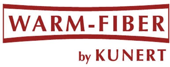 Logo WARM-FIBER by KUNERT in rode letters op een witte achtergrond.