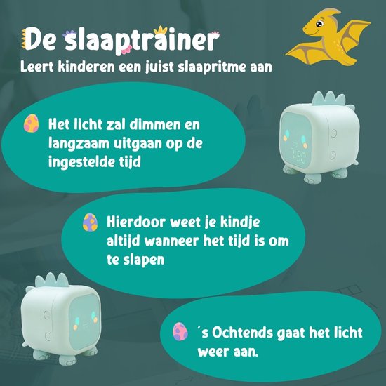 Entraîneur de sommeil - Réveil pour enfants - Réveil de sommeil - Lampe de nuit Enfants - Entraîneur de sommeil Dino - Rechargeable - Veilleuse Dino - Aide au sommeil - Vert - Omni Kids