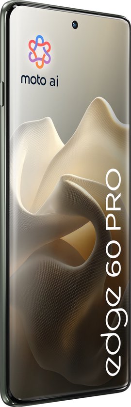 Grijze Motorola Edge 60 Pro smartphone, schuin van voren, met 'edge 60 PRO' tekst op scherm.