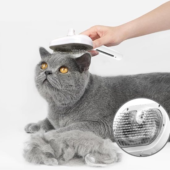 Grijze kat wordt geborsteld met een witte stoomborstel. De borstel heeft zelfreinigende functie.