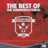 CD hoes 'The Best Of The Summerfestivals!' met Festivalitis 2016 logo. Rode achtergrond met een vrouw in festival kleding.