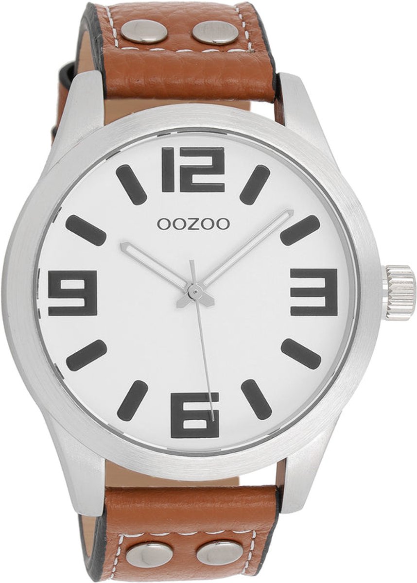 OOZOO Timepieces - Zilverkleurige horloge met bruine leren band - C1051