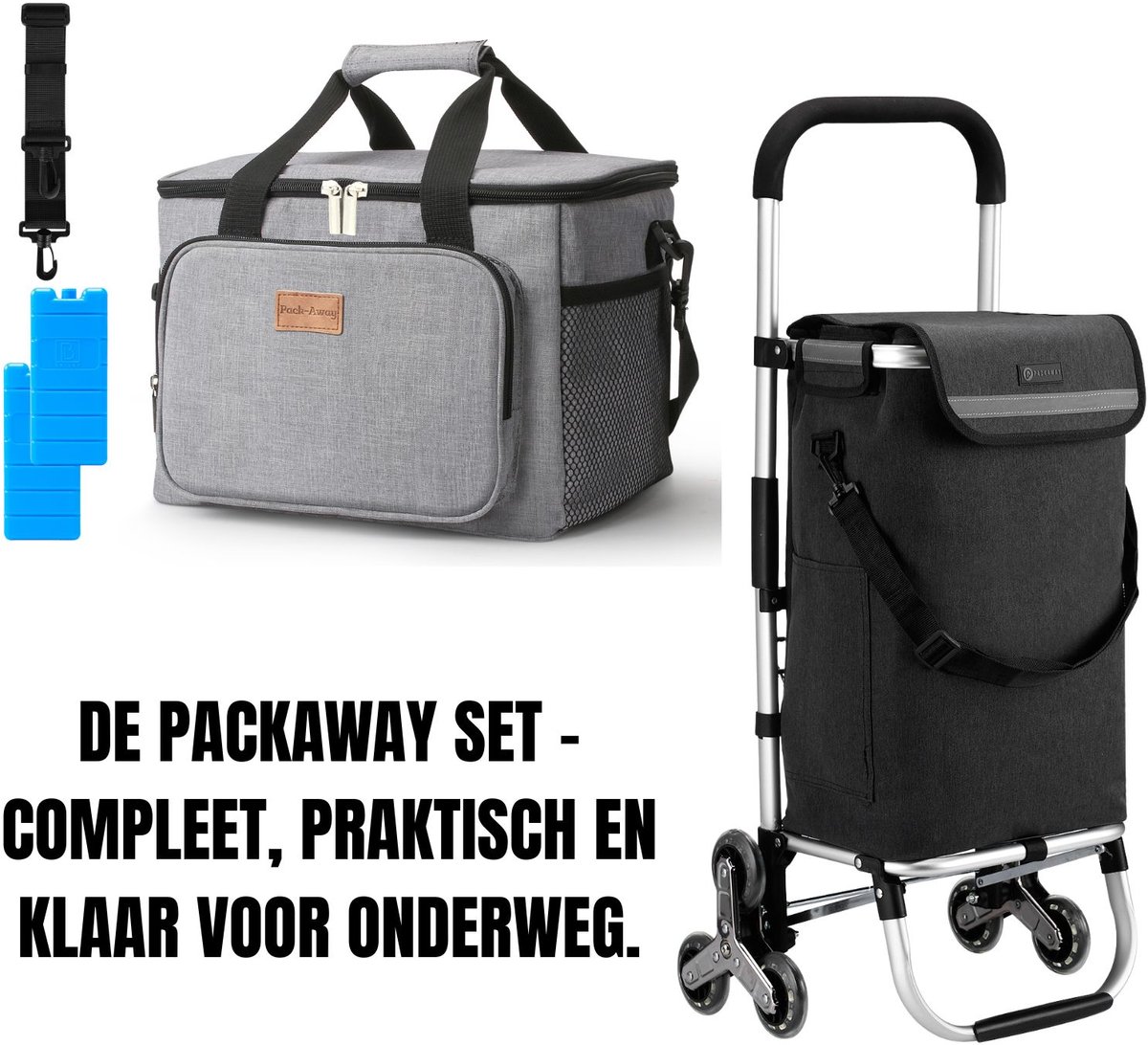 Packaway 40L Boodschappentrolley Grijs – Inclusief 15L Koeltas Lunchtas Grijs – Dé set voor dames en heren die altijd voorbereid willen zijn – Van supermarkt tot strand en werk