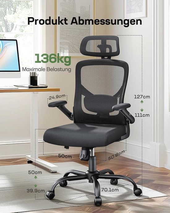SONGMICS Ergonomische bureaustoel, bureaustoel, verstelbare hoofdsteun