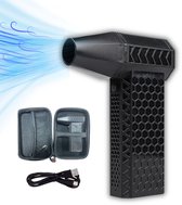 Zwarte draadloze blazer met luchtstroom, inclusief opbergtas en USB-C kabel.