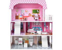Aufun Houten Poppenhuis en Droomhuis met 3 Verdiepingen Inclusief Meubels, Accessoires voor Lang Creatief Spelen, Groot, Esthetisch (Type A)