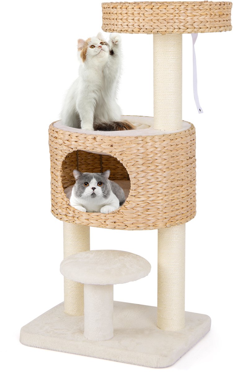COSTWAY Krabpaal met kattenhol, 104 cm hoog, kattenboom met zitstang & platform, bed, bal & sisal-krabpalen, klimboom van riet, kattenkrabpaal katten, Beige Natuur