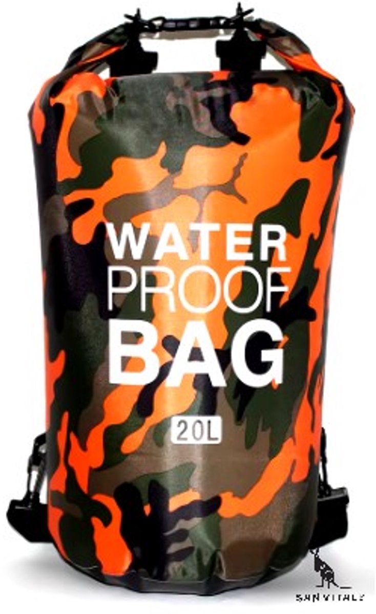 San Vitale®- Drybag 20L - Waterdichte tas - Zwemmen - Kamperen - Wandelen - Rafting - Kajak - Rivier - Trekking - Tassen - Legerprint - Oranje