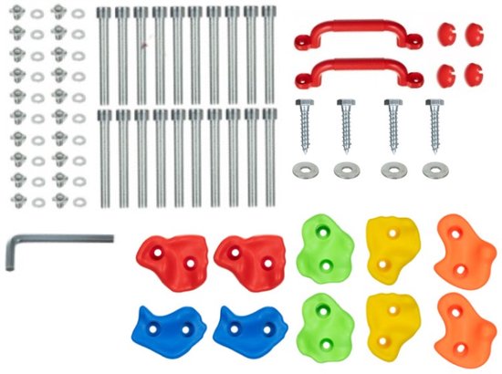 Set van 10 kleurrijke klimstenen (rood, groen, geel, oranje, blauw), 2 rode handgrepen, schroeven, moeren, ringen en inbussleutel.