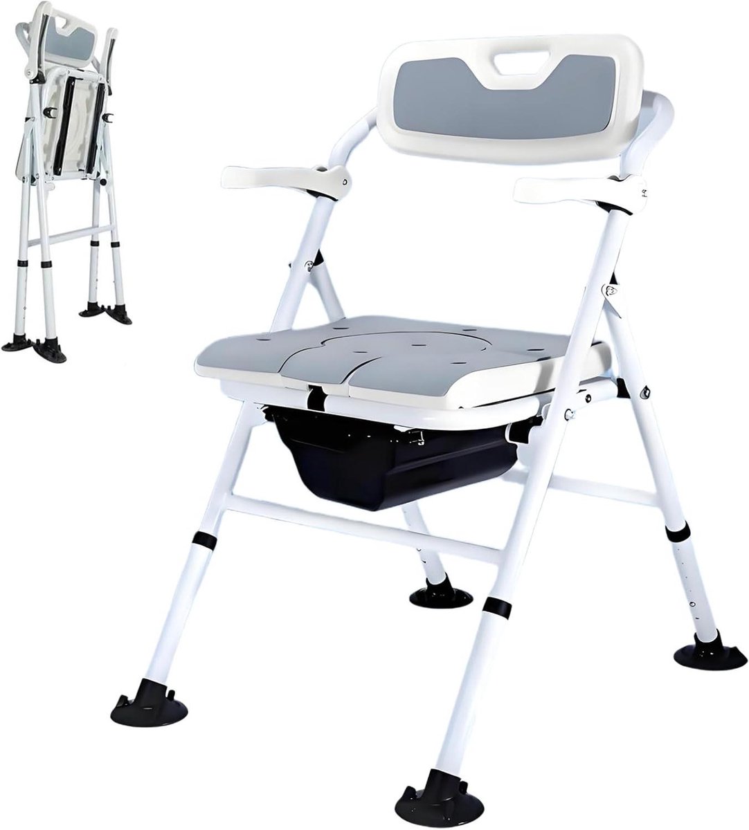 Toilet Chair Foldable with Padded Seat Plate and Toilet Bucket Height Adjustable for Seniors Shower Chair Foldable with Armrest and Backrest