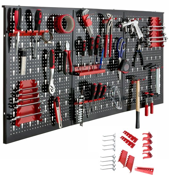 Ensemble de 17 crochets muraux en métal perforé, porte-outils extensible pour établis, ateliers, étagère murale, 120 x 60 x 2 cm
