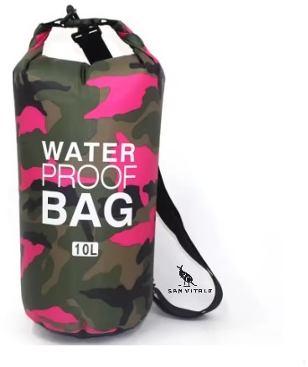 San Vitale®- Drybag 10L - Waterdichte tas - Zwemmen - Kamperen - Wandelen - Rafting - Kajak - Rivier - Trekking - Tassen - Legerprint - Roze