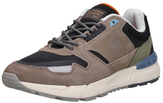 Driekwart aanzicht van de G-Star Holorn Runner sneaker in aardetinten en blauw accent.
