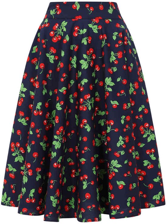 Jupe cercle bleu marine avec un imprimé cerises rouges et feuilles vertes all-over.