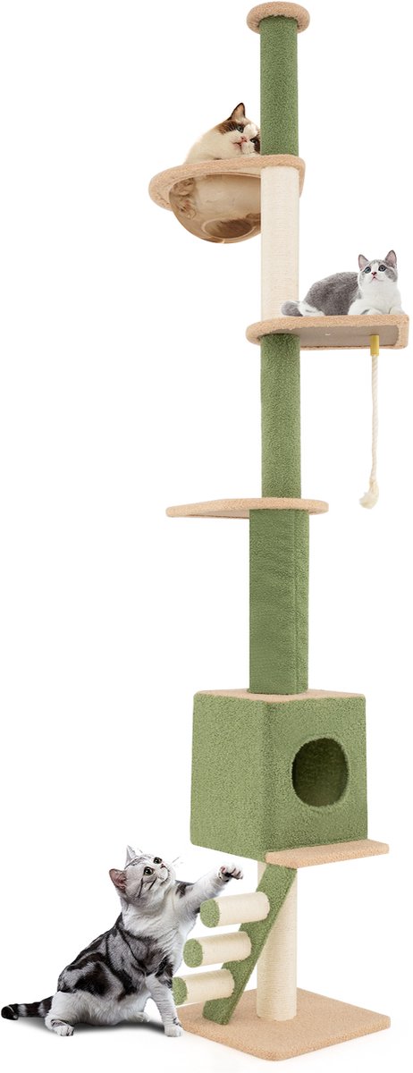 COSTWAY Krabpaal plafondhoogte, 218-253 cm, van vloer tot plafond, 5 verdiepingen tellende kattenboom met kattenmand, kamercapsule, krabladder, krabzuilen & touw, hoge kattenkrabpaal voor katten